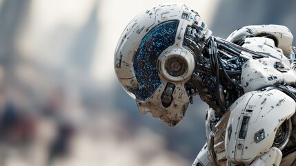 Fototapeta premium Artistic rendering of a detailed humanoid robot gazing downward thoughtfully