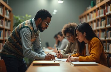 Professor helps diverse students in library study session. People focus on books and notes at tables in university learning space. Group works on project assignment together.