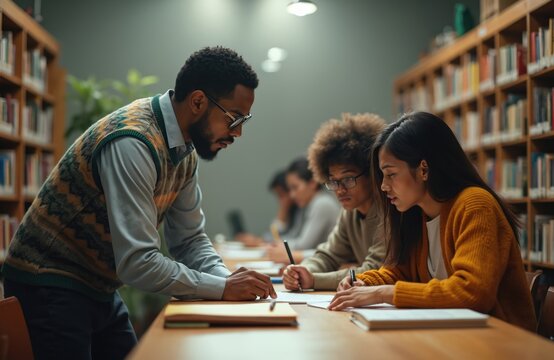 Professor helps diverse students in library study session. People focus on books and notes at tables in university learning space. Group works on project assignment together.