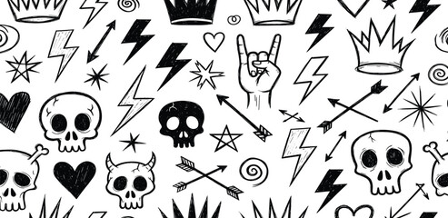 Dynamic Hand-Drawn Skull and Crown Doodle Pattern, Seamless Background with Lightning Bolts and Rock Elements for Edgy Graphic Design Projects and Alternative Themes