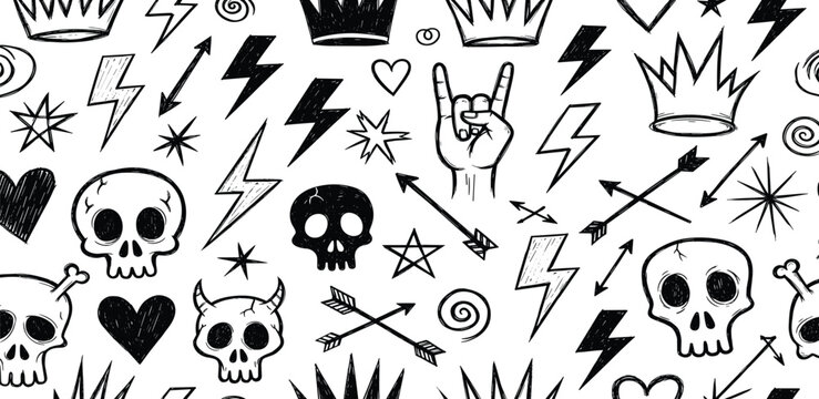 Dynamic Hand-Drawn Skull and Crown Doodle Pattern, Seamless Background with Lightning Bolts and Rock Elements for Edgy Graphic Design Projects and Alternative Themes
