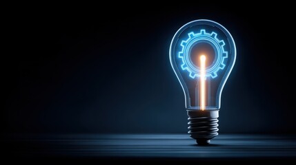 A light bulb containing a glowing gear inside representing innovation and optimization in corporate leadership frameworks