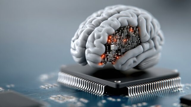 Conceptual brain integrating circuitry to illustrate the fusion of human intelligence and artificial technology