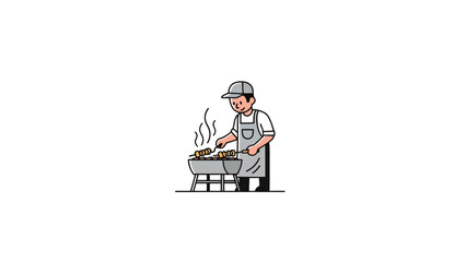 A cartoon depicting a person grilling skewers on a barbecue grill, dressed in an apron and cap