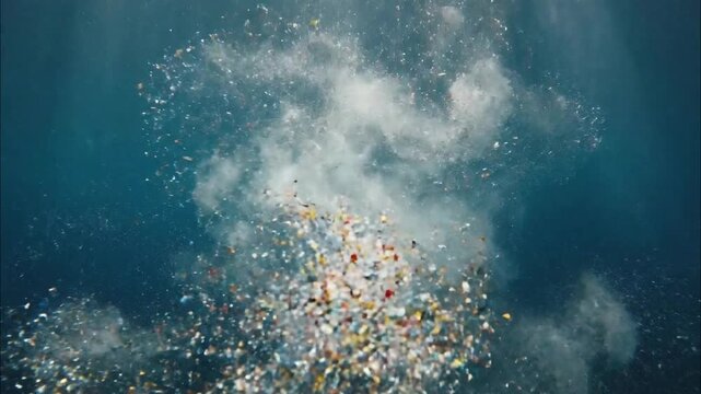 Underwater scene depicting colorful plastic pollution breaking down in the ocean a stark visual of marine debris and environmental degradation