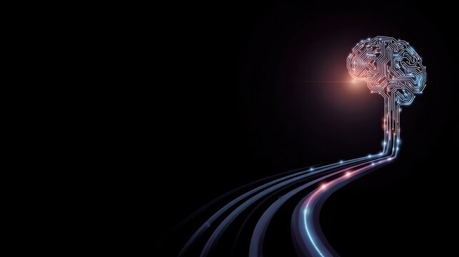 Human head silhouette with train tracks in background representing journey of thought and corporate ai development path