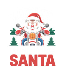 Obraz premium Funny red and white cartoon Santa Claus riding a motorcycle with Christmas trees and text, isolated on transparent background, ideal for festive designs, holiday branding, digital art, and T-shirt 
