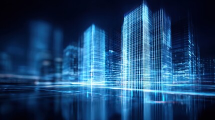 Vibrant city at night showcasing digital twin for finance with mirrored model conceptualization and urban design