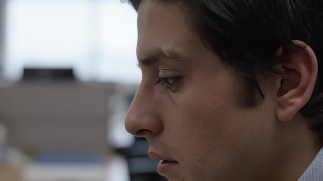 Exhausted young man reflecting on work stress in a corporate office setting - video