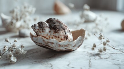 Arrangement of seashells and delicate gypsophila flowers, beach memories concept