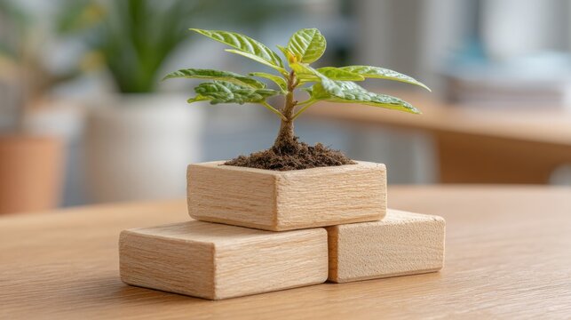 Plant growing out of block icon concept representing eco financial literacy for educational growth and awareness - Powered by Adobe
