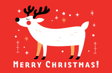 Cute reindeer vector illustration on a red background with stars. Merry Christmas text. Perfect for Christmas cards, posters, invitations, banners, and holiday designs.