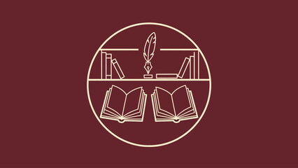 A cream-colored library symbol features a quill, bookshelves, and open books, set against a maroon background
