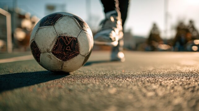 Soccer ball on urban pitch awaiting the next match under warm sunlight