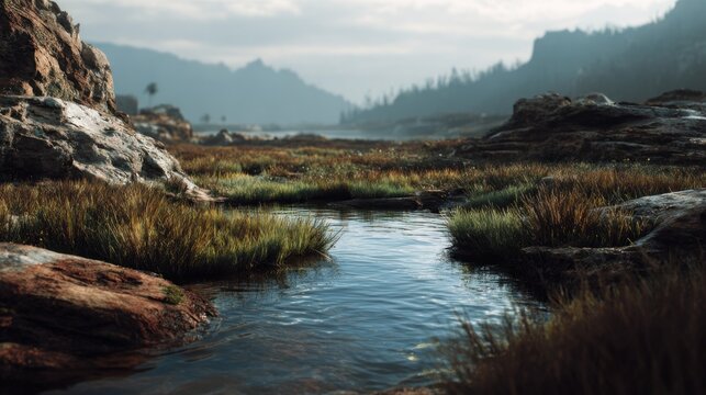 Serene wilderness landscape featuring a tranquil stream and rocky formations