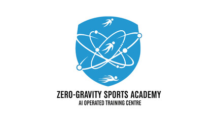 A blue crest shape with a white atom model and figures. Sports academy graphic design