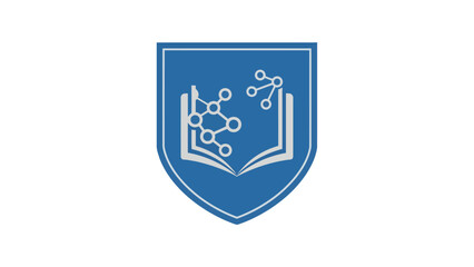 A crest emblem shows an open book with interconnected node-like figures, representing knowledge