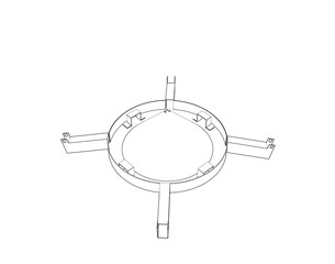 Centrifugal Rotary Fish Feeder Spreader Disc Thrower Wireframe Sketch Diagram: Engineering Technical Outline of Aquaculture Food Distribution Mechanism Component, Isolated CAD Vector Blueprint.