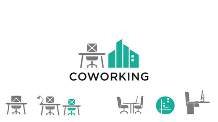 Obraz premium A logo featuring a simplified office interior design with multiple workspace icons and the word 