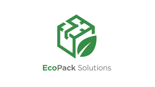 A geometric package illustration with green leaf on a white background. Logo promoting eco-friendly solutions