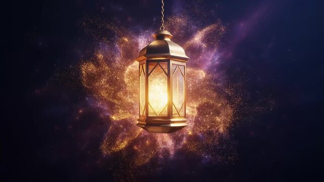 Magical golden lantern hanging with swirling glitter particles. Cinematic fantasy lamp glowing in darkness. Perfect for Ramadan, Christmas, or fairytale concepts.