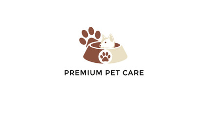 A logo illustrating a dog in a bowl, alongside a paw print, with text beneath