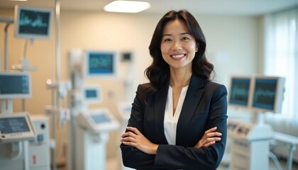 Confident Asian woman in business suit stands with arms crossed in hospital. Medical equipment in background. Female executive manager in healthcare. Smiling woman in clinic. Pro in medical facility.