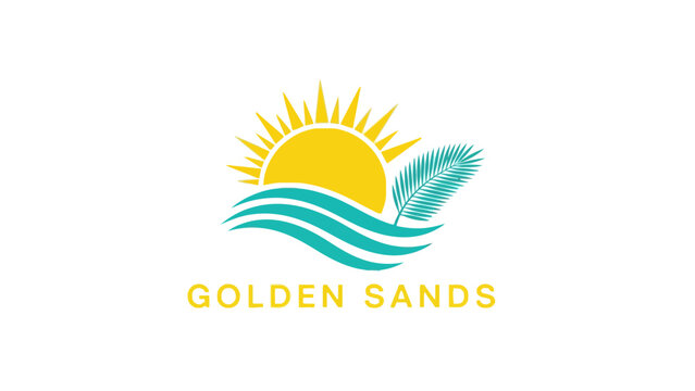 Stylized beach scene logo with sun, ocean waves, palm leaf, and the words "Golden Sands" at the bottom