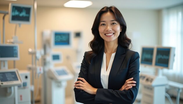 Confident Asian woman in business suit stands with arms crossed in hospital. Medical equipment in background. Female executive manager in healthcare. Smiling woman in clinic. Pro in medical facility.