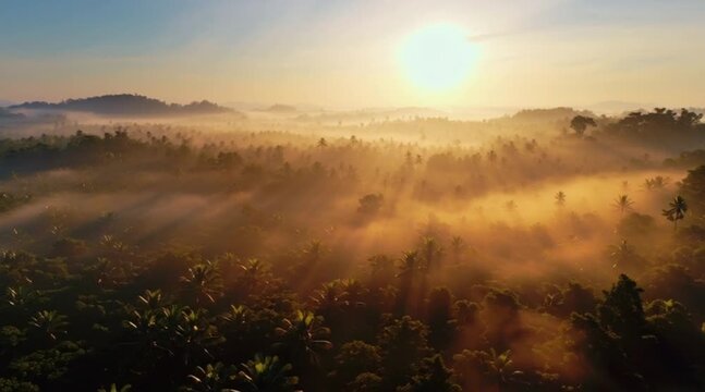 Experience the magic of sunrise over the tropical forest canopy, a serene and breathtaking aerial view with golden light piercing through the mist