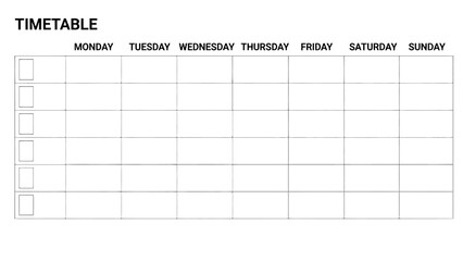 A blank weekly timetable design with days of the week headings and time slots outlined