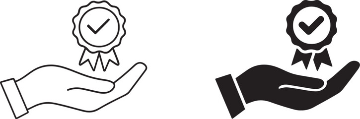 Check Mark Verification Badge in Hand. Assurance and Approval Vector Illustration. Solid & Outline Approval Icons Vector