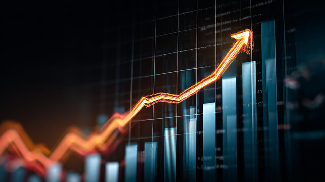 Gr&aacute;fico ascendente iluminado em cen&aacute;rio de mercado financeiro, simbolizando crescimento econ&ocirc;mico, investimentos estrat&eacute;gicos, an&aacute;lise de resultados e alta corporativa