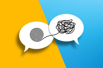 Tangle and untangle concept on speech bubbles. Psychotherapy. Chaos and order business concept. © ytemha34