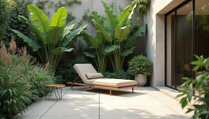 Obraz premium Modern patio with chaise lounge chair and tropical plants. Sunlight falls on elegant outdoor seating area next to modern building and glass doors. Peaceful garden relax.