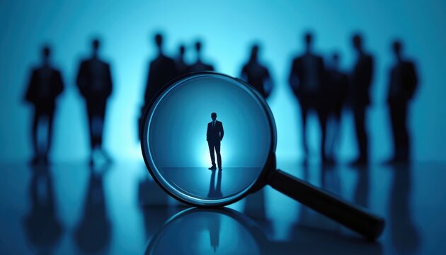 Magnifying glass focuses on one person in suit. Other blurred silhouettes of people stand in background. Concept of recruitment hiring and selection process in business team.