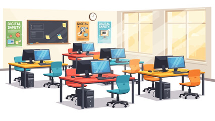 Computer lab with monitors, desks, chairs, and posters on the wall. Classroom scene with light from windows