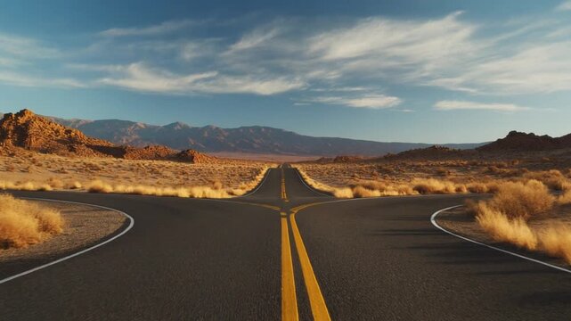 Forking Desert Road Amidst Arid Landscape Under Expansive Sky