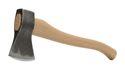 Sharp metal felling tool with a curved wooden handle displayed against a dark background
