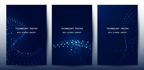 Technology Banner Poster set. Futuristic digital data wave glowing lines. Data science concept tech banner, corporate business presentation or booklet technology