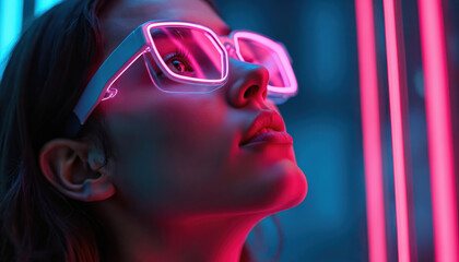 Close up photo of young woman wearing futuristic glasses in neon lights. Stylish person with pink glowing eyewear at cyber background. Attractive female looks upwards.
