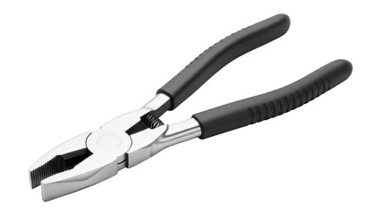 Shiny metallic pliers with black ergonomic handles positioned diagonally against a dark background