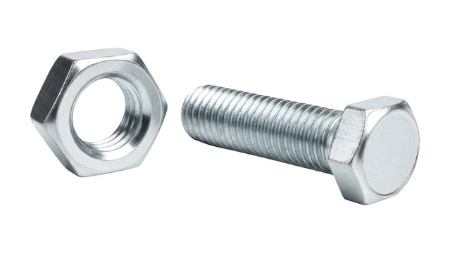 Shiny metallic hex head fastener and corresponding hexagonal coupling device shown against a dark background