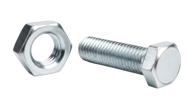Shiny metallic hex head fastener and corresponding hexagonal coupling device shown against a dark background