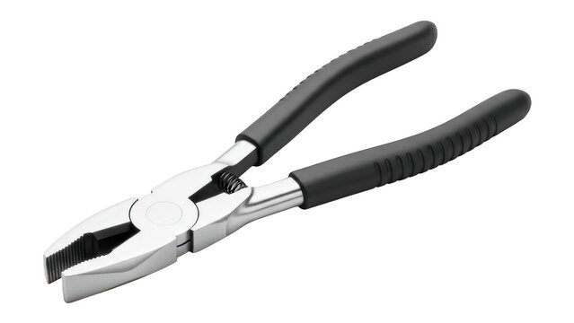 Shiny metallic pliers with black ergonomic handles positioned diagonally against a dark background