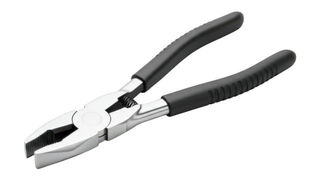 Shiny metallic pliers with black ergonomic handles positioned diagonally against a dark background