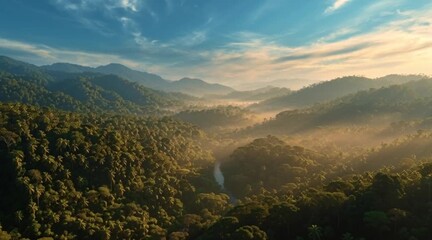 Breathtaking aerial view of a vibrant rainforest canopy with golden sunlight streaming through the trees creating a sense of peace and adventure