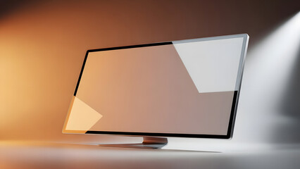 Modern minimalist computer monitor with a blank screen, illuminated by creative lighting, ideal for technology mockups and digital displays.