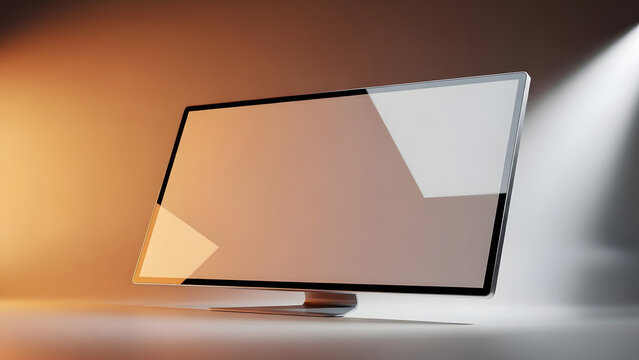 Modern minimalist computer monitor with a blank screen, illuminated by creative lighting, ideal for technology mockups and digital displays.