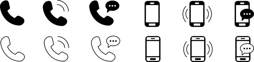 Mobile communication icon set, showing phone calls, incoming messages, and ringing smartphones in solid and outline styles for app and web interface design